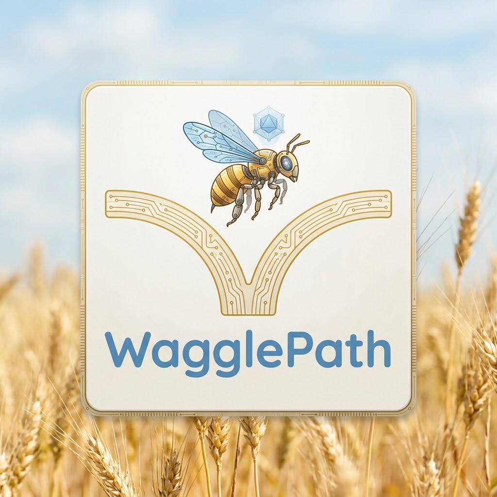 The WagglePath mark: a mechanical honeybee above a circuit-trace waggle-dance path, over a wheat field.